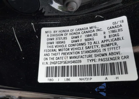 2018 Honda Civic Lx from USA, damaged, VIN 2HGFC2F56JH546039